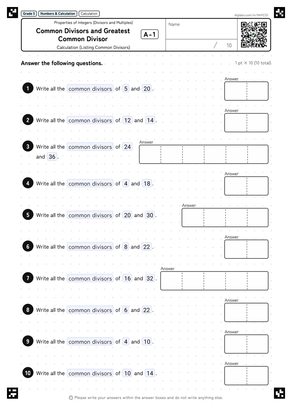 Grade 5 (Elementary School) Properties of Integers (Divisors and Multiples) Common Divisors and Greatest Common Divisor