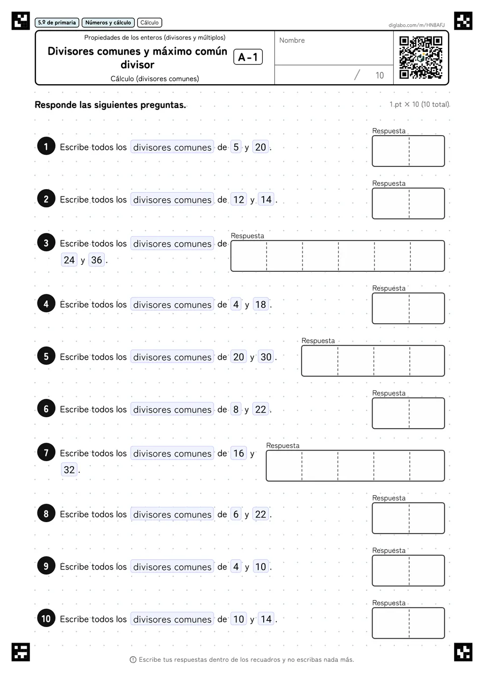 5.º de primaria Propiedades de los enteros (divisores y múltiplos) Divisores comunes y máximo común divisor