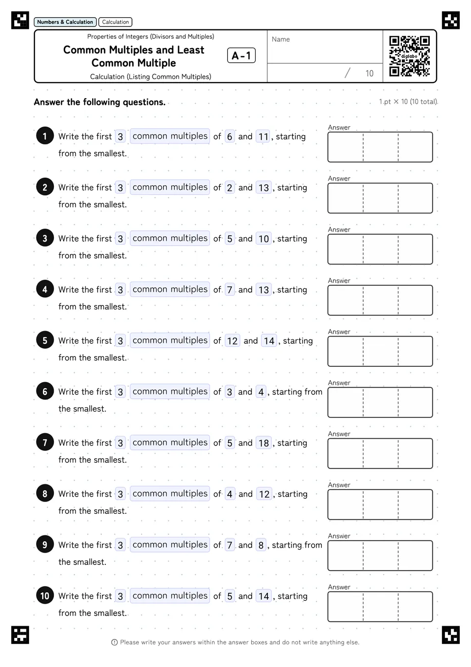 Common Multiples and Least Common Multiple A-1