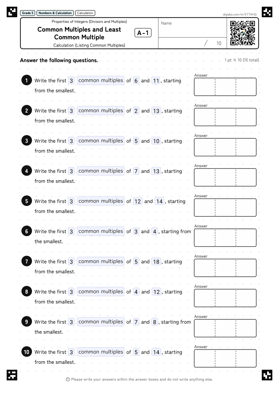 Grade 5 (Elementary School) Properties of Integers (Divisors and Multiples) Common Multiples and Least Common Multiple