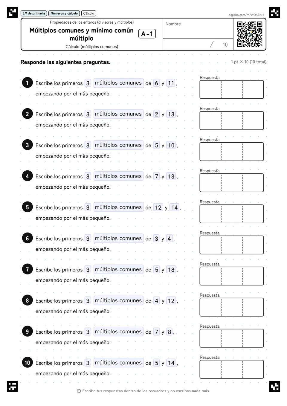 5.º de primaria Propiedades de los enteros (divisores y múltiplos) Múltiplos comunes y mínimo común múltiplo