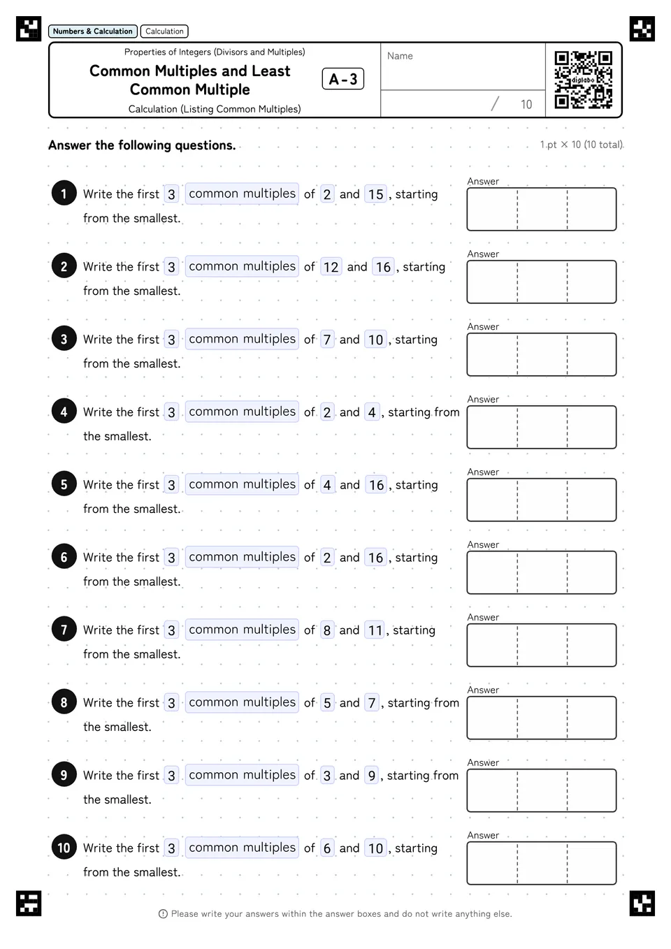 Common Multiples and Least Common Multiple A-3