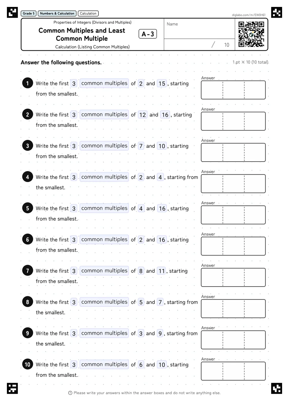 Grade 5 (Elementary School) Properties of Integers (Divisors and Multiples) Common Multiples and Least Common Multiple