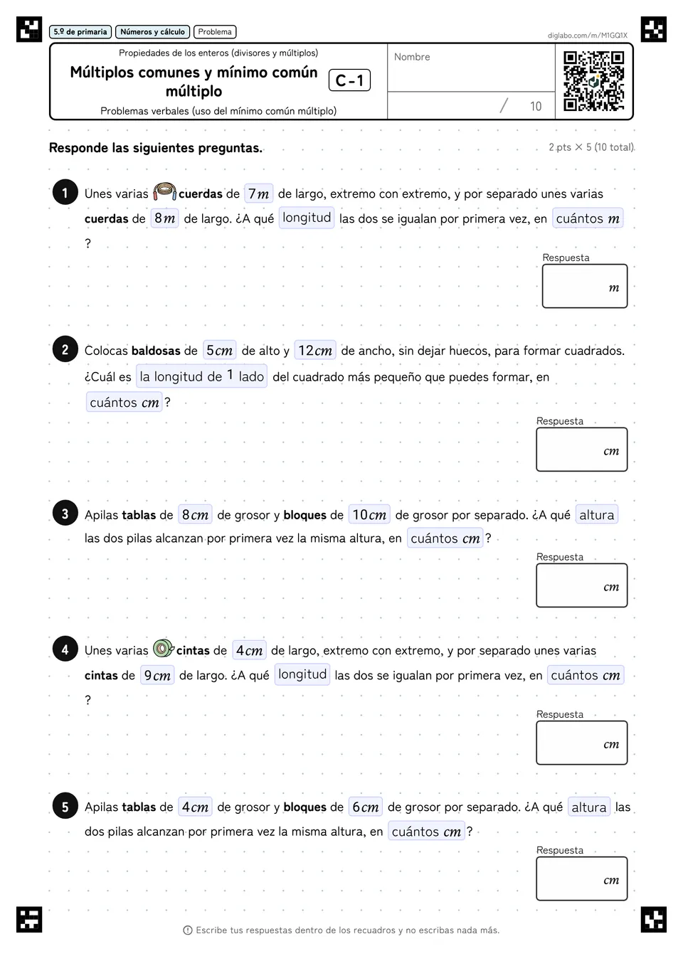 5.º de primaria Propiedades de los enteros (divisores y múltiplos) Múltiplos comunes y mínimo común múltiplo