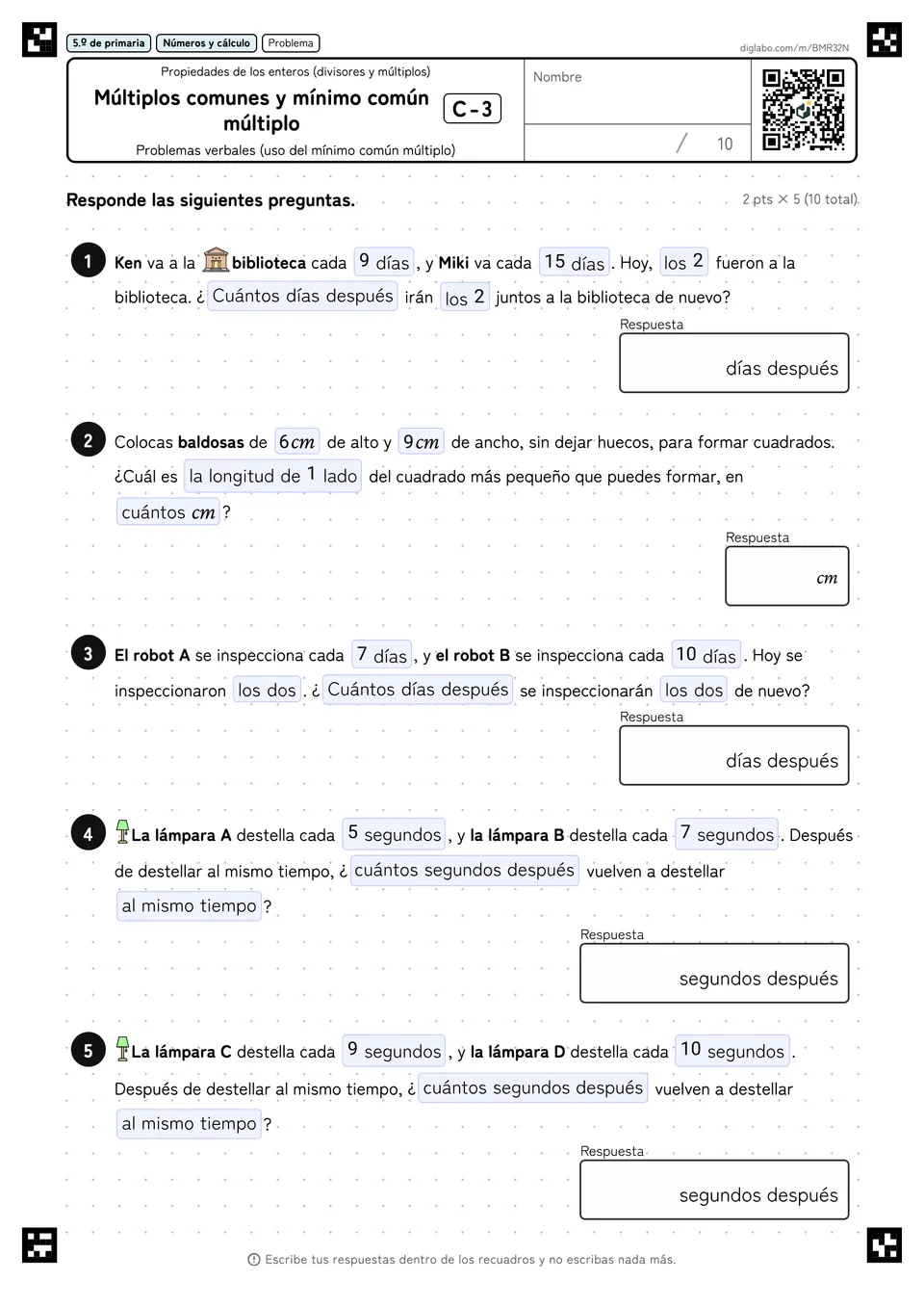 5.º de primaria Propiedades de los enteros (divisores y múltiplos) Múltiplos comunes y mínimo común múltiplo