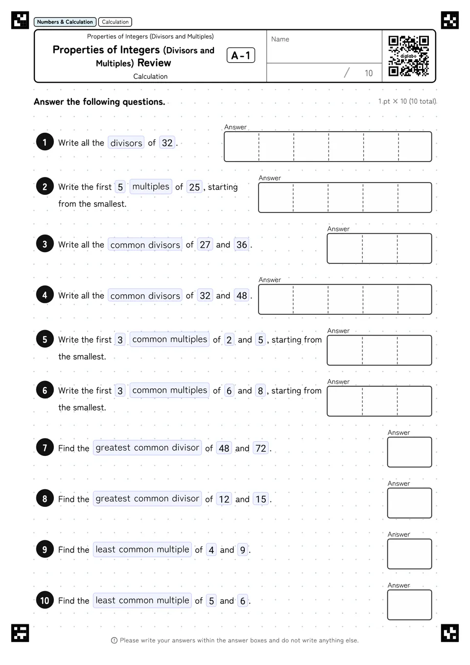 Properties of Integers (Divisors and Multiples) Review A-1