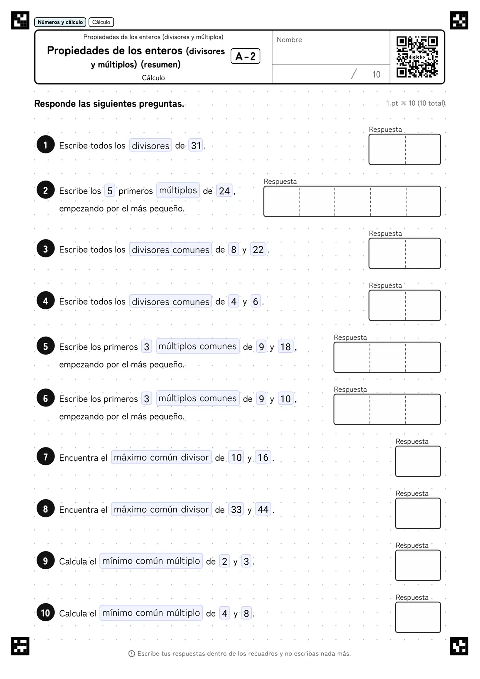 Propiedades de los enteros (divisores y múltiplos) (resumen) A-2
