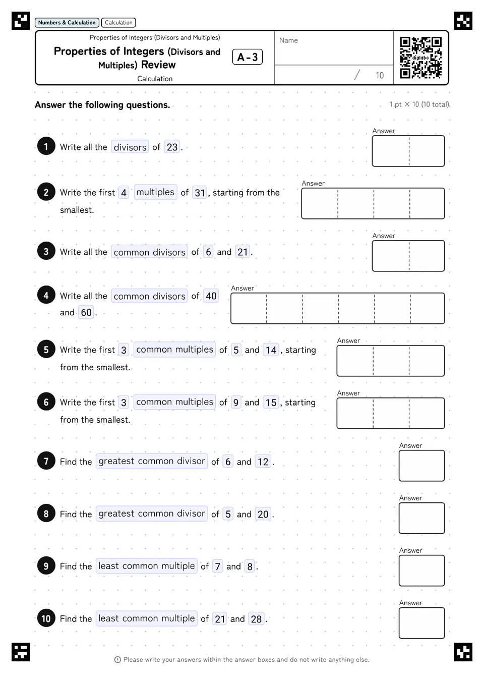 Properties of Integers (Divisors and Multiples) Review A-3