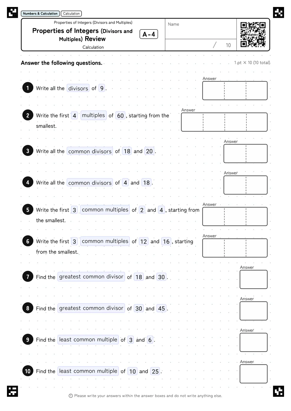 Properties of Integers (Divisors and Multiples) Review A-4