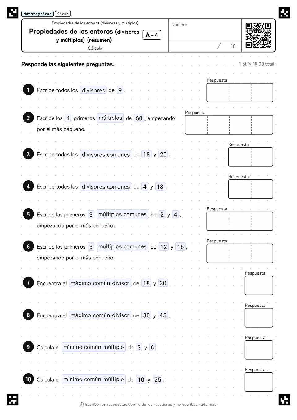 Propiedades de los enteros (divisores y múltiplos) (resumen) A-4