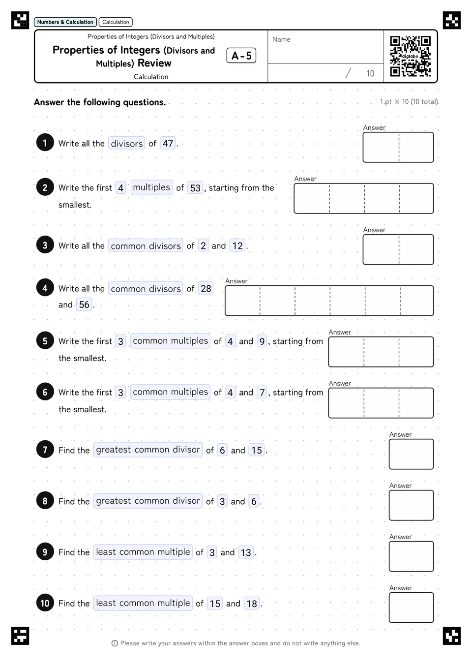 Properties of Integers (Divisors and Multiples) Review A-5