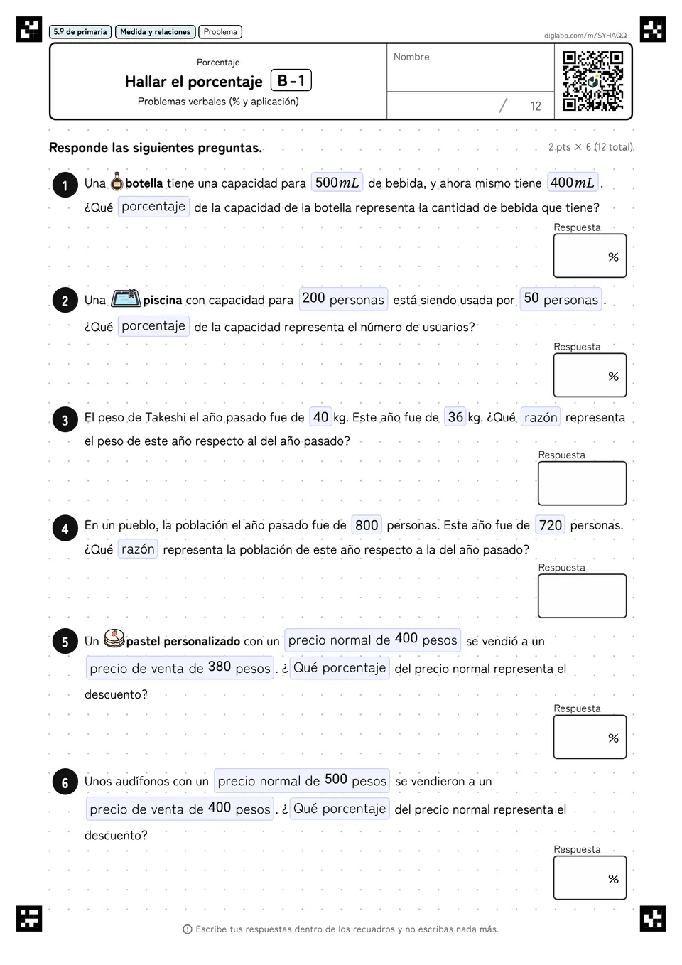 5.º de primaria Porcentaje Hallar el porcentaje