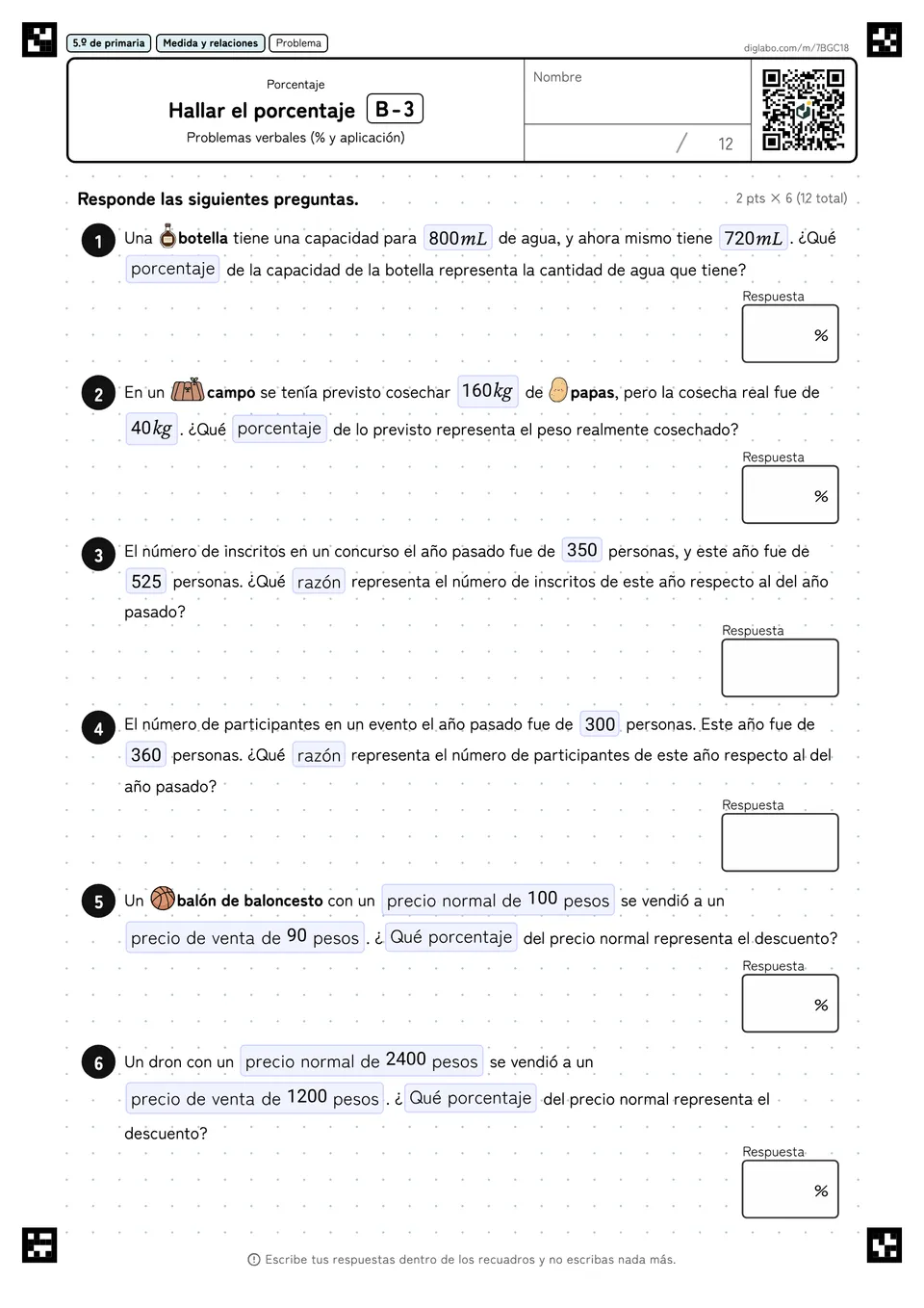 5.º de primaria Porcentaje Hallar el porcentaje