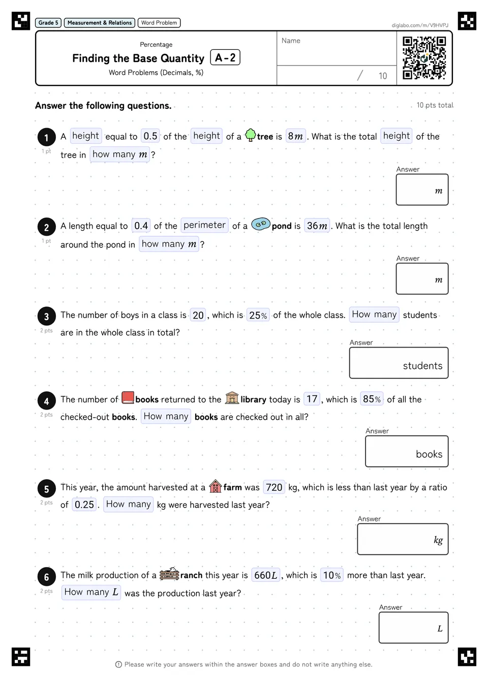 Grade 5 (Elementary School) Percentage Finding the Base Quantity