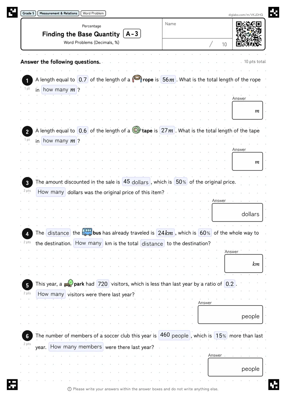 Grade 5 (Elementary School) Percentage Finding the Base Quantity