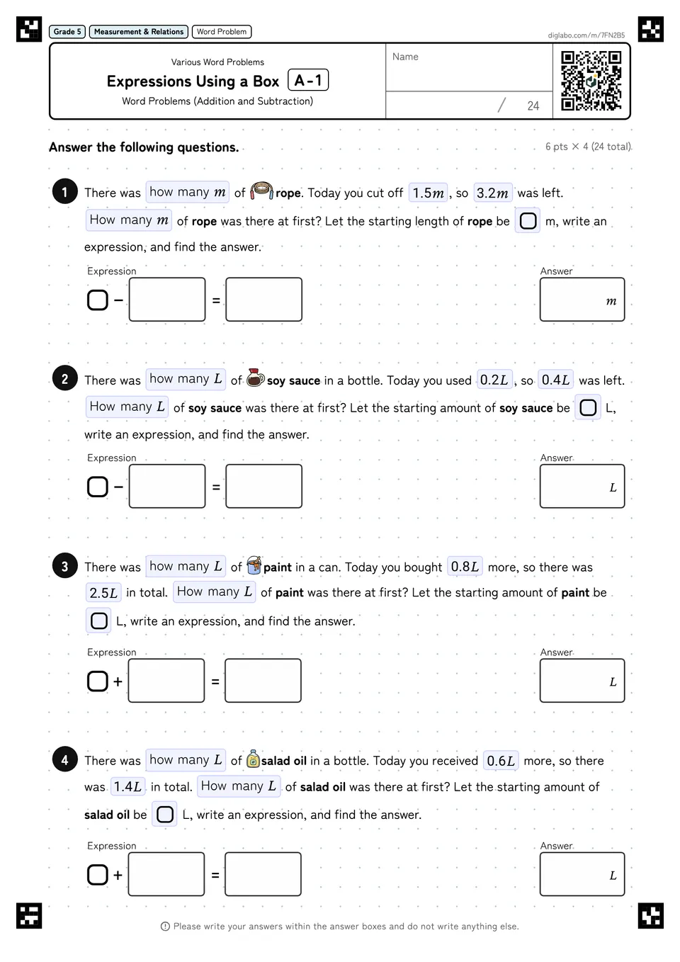 Grade 5 (Elementary School) Various Word Problems Expressions Using a Box