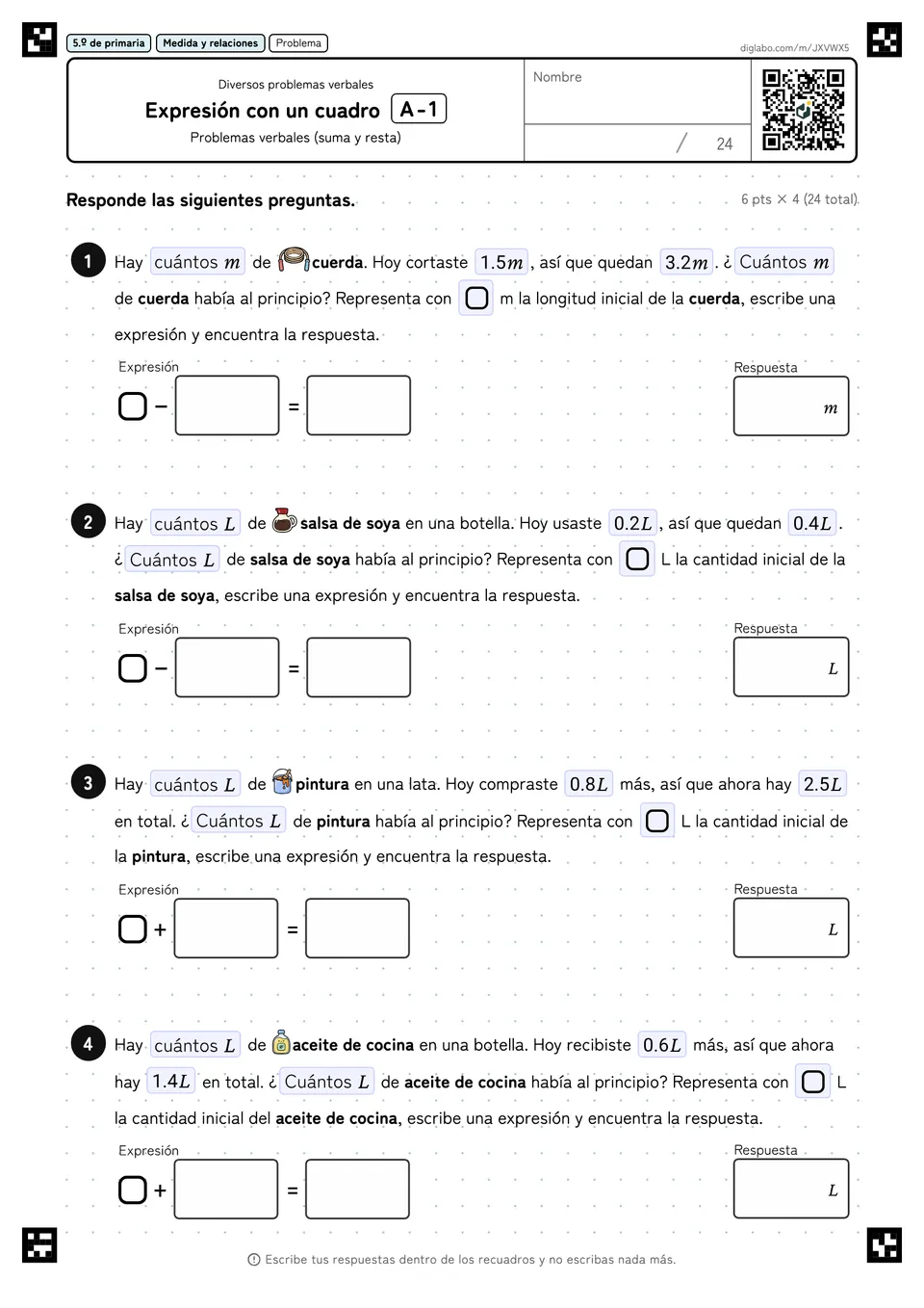 5.º de primaria Diversos problemas verbales Expresión con un cuadro