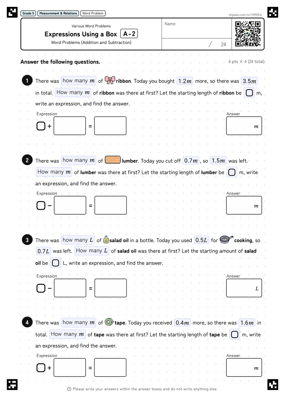 Grade 5 (Elementary School) Various Word Problems Expressions Using a Box