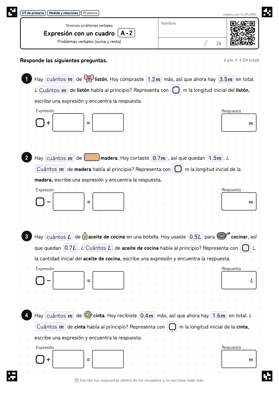5.º de primaria Diversos problemas verbales Expresión con un cuadro