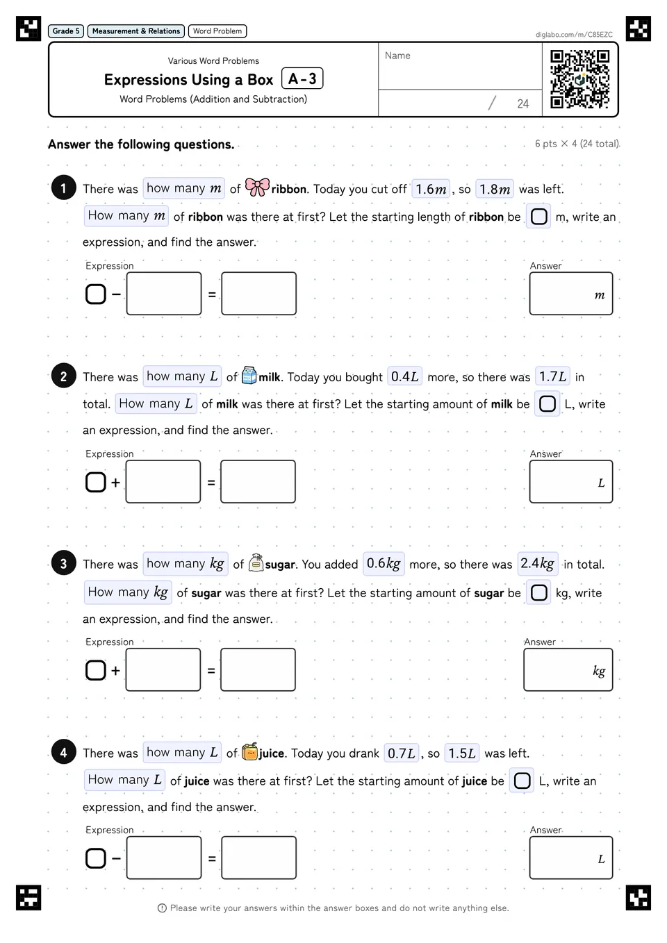 Grade 5 (Elementary School) Various Word Problems Expressions Using a Box