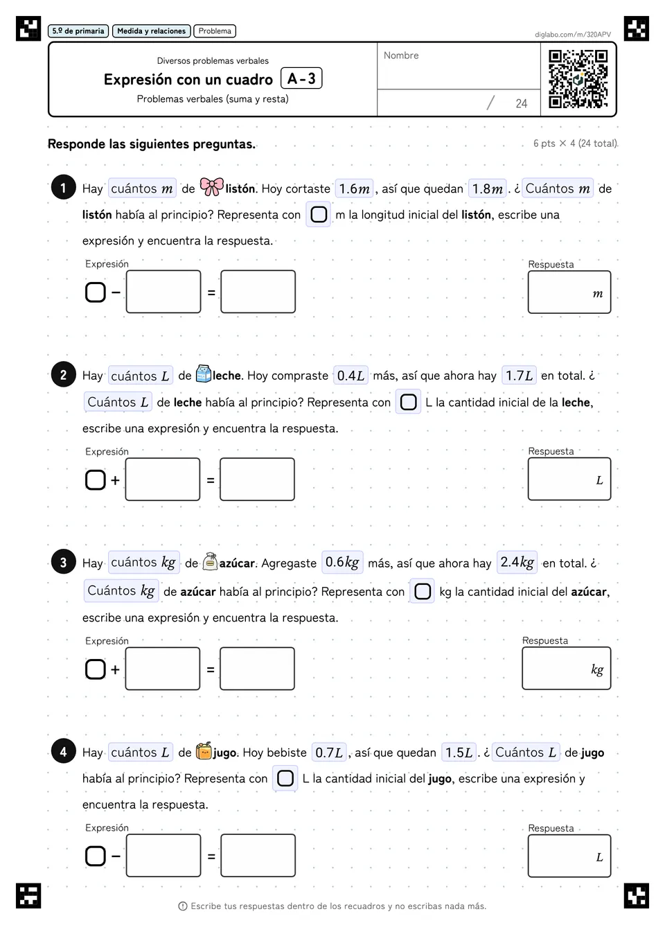 5.º de primaria Diversos problemas verbales Expresión con un cuadro