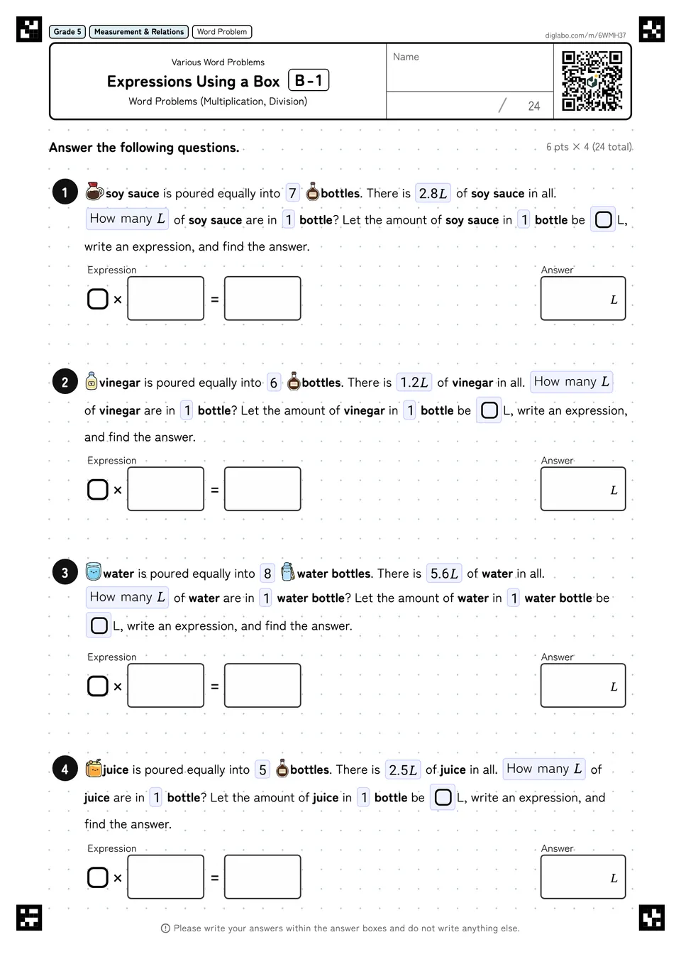 Grade 5 (Elementary School) Various Word Problems Expressions Using a Box
