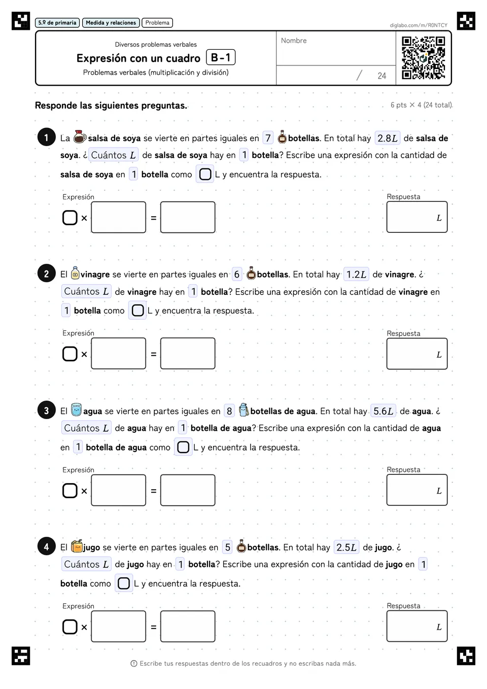 5.º de primaria Diversos problemas verbales Expresión con un cuadro