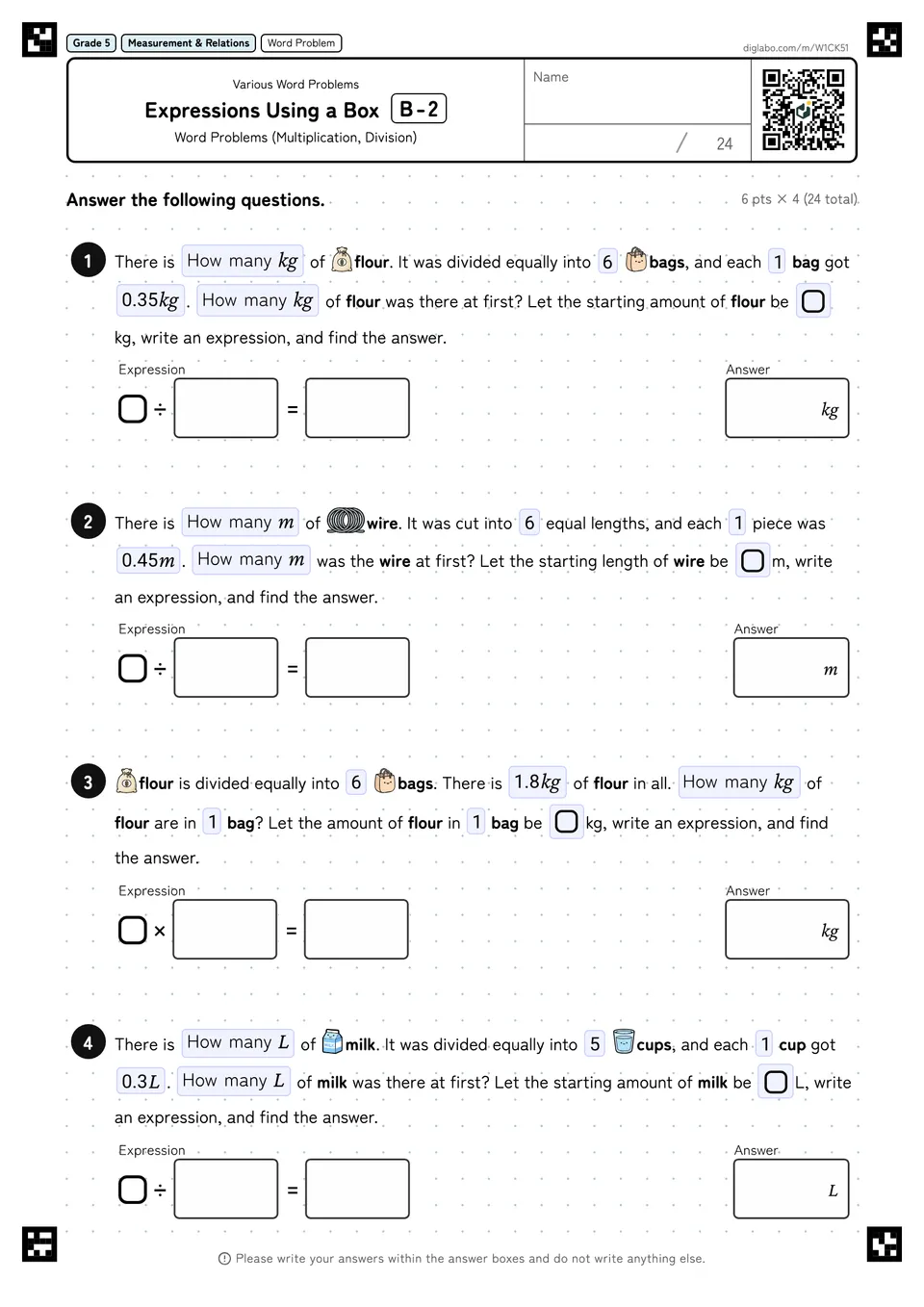 Grade 5 (Elementary School) Various Word Problems Expressions Using a Box