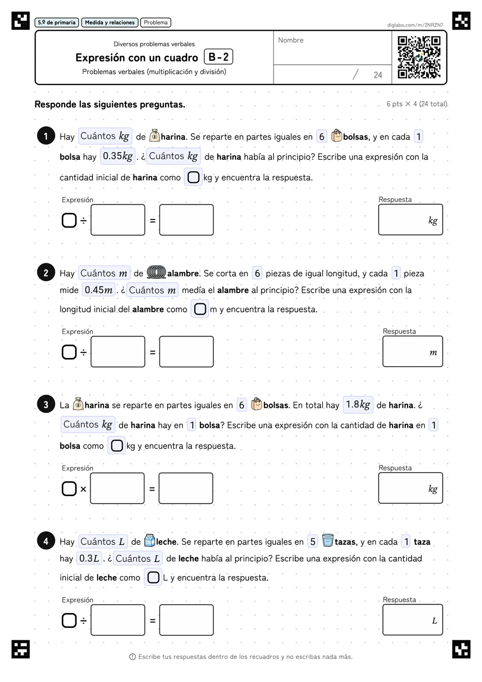 5.º de primaria Diversos problemas verbales Expresión con un cuadro