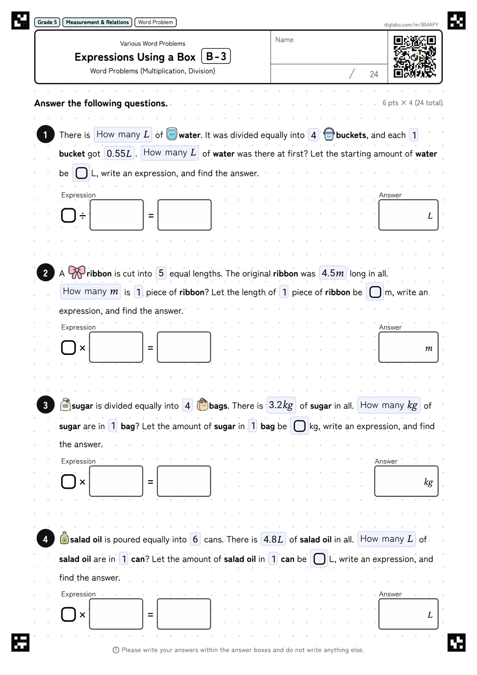Grade 5 (Elementary School) Various Word Problems Expressions Using a Box
