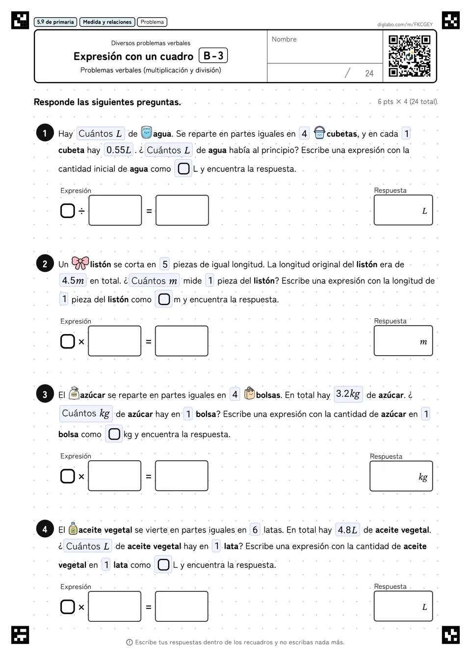 5.º de primaria Diversos problemas verbales Expresión con un cuadro