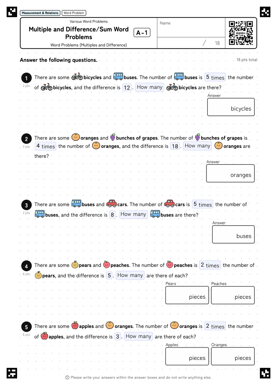 Multiple and Difference/Sum Word Problems A-1