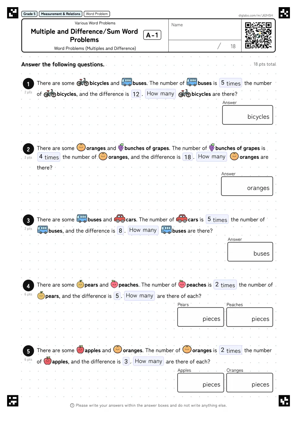 Grade 5 (Elementary School) Various Word Problems Multiple and Difference/Sum Word Problems
