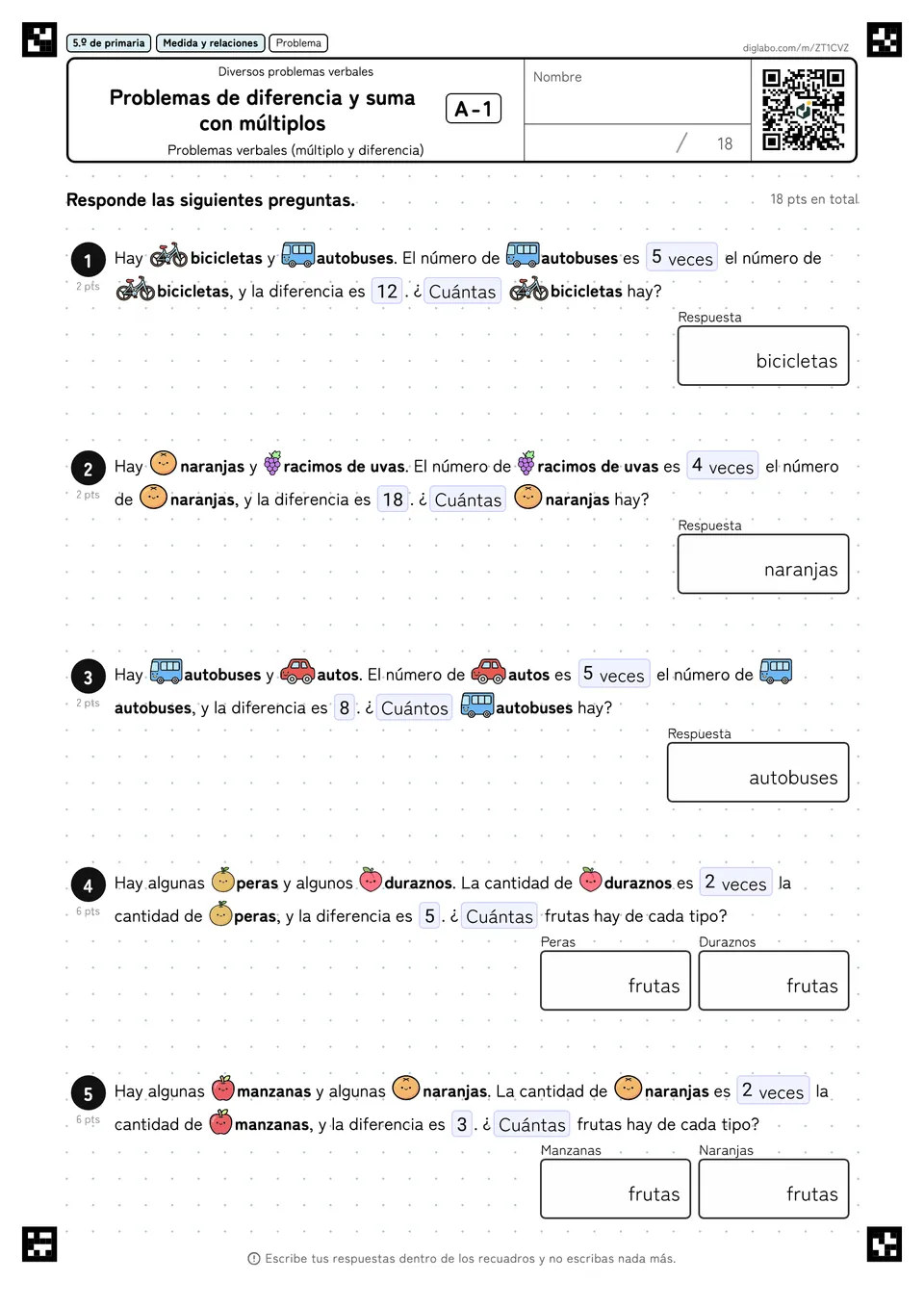 5.º de primaria Diversos problemas verbales Problemas de diferencia y suma con múltiplos