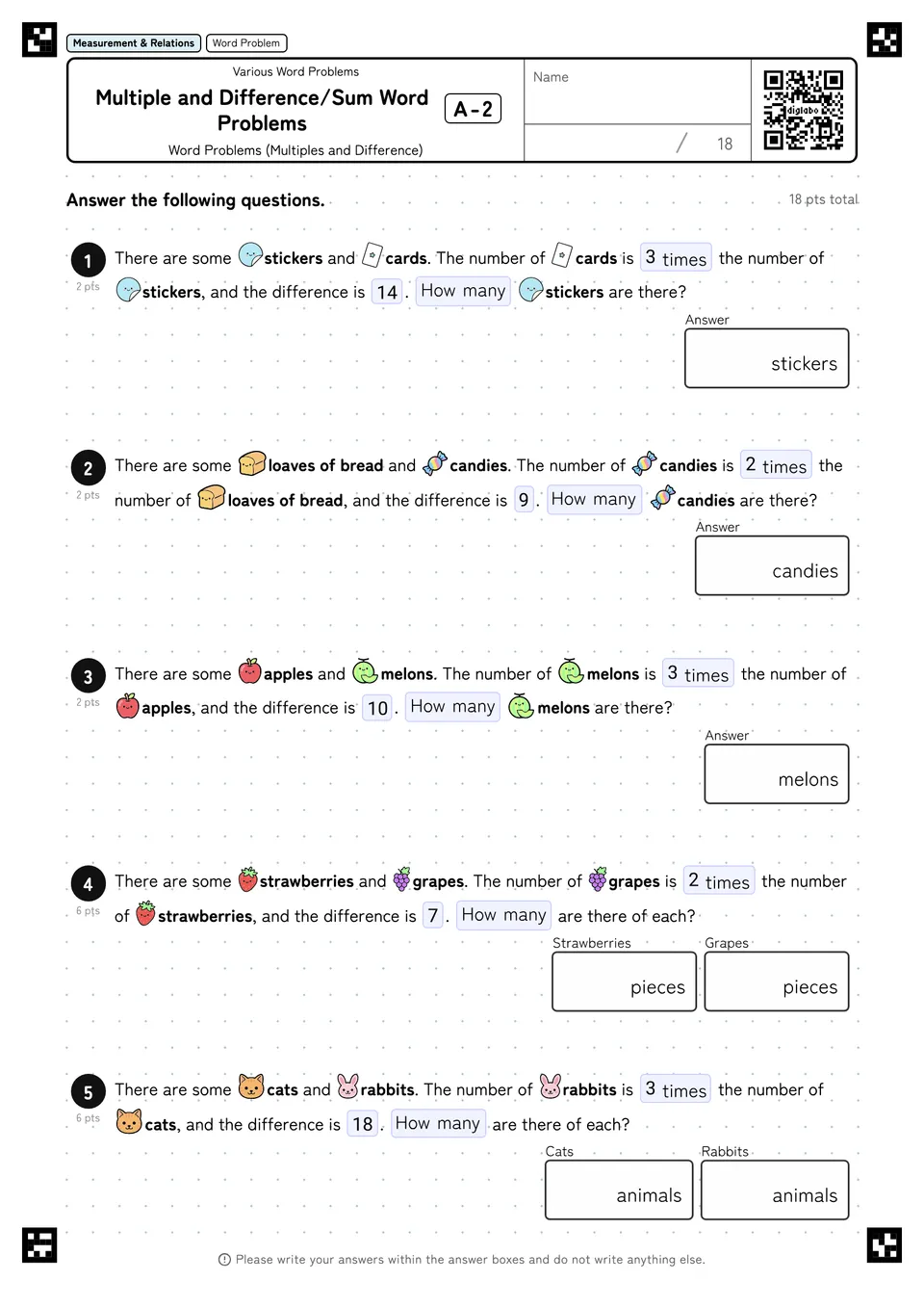 Multiple and Difference/Sum Word Problems A-2