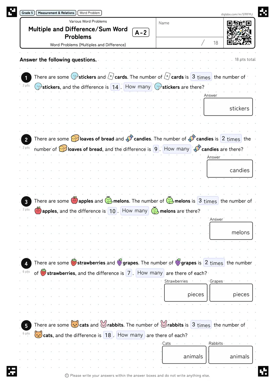 Grade 5 (Elementary School) Various Word Problems Multiple and Difference/Sum Word Problems