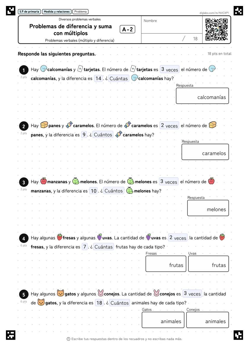 5.º de primaria Diversos problemas verbales Problemas de diferencia y suma con múltiplos