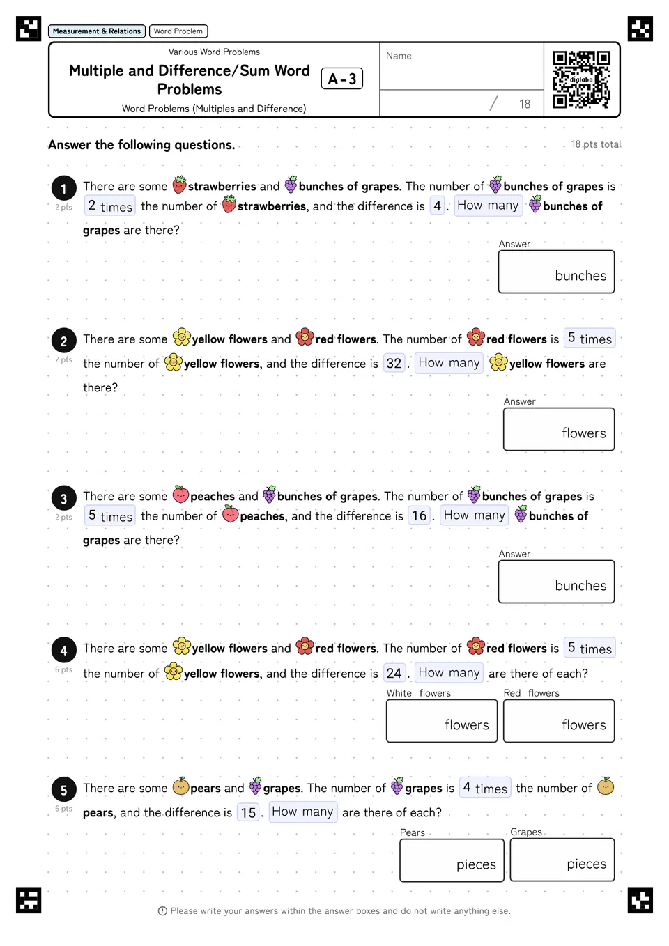 Multiple and Difference/Sum Word Problems A-3