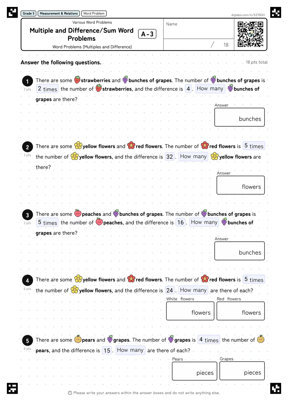 Grade 5 (Elementary School) Various Word Problems Multiple and Difference/Sum Word Problems