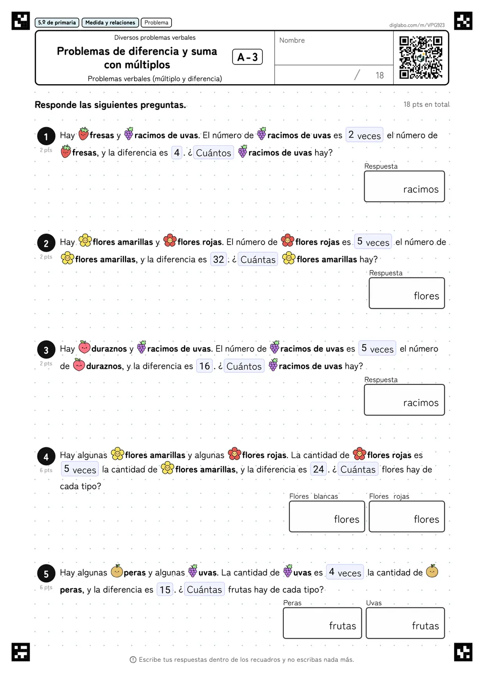 5.º de primaria Diversos problemas verbales Problemas de diferencia y suma con múltiplos