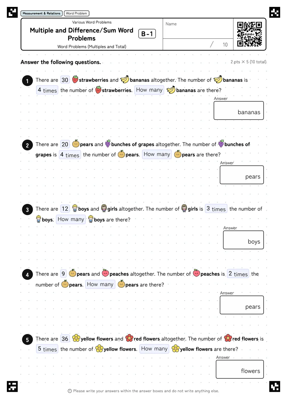 Multiple and Difference/Sum Word Problems B-1