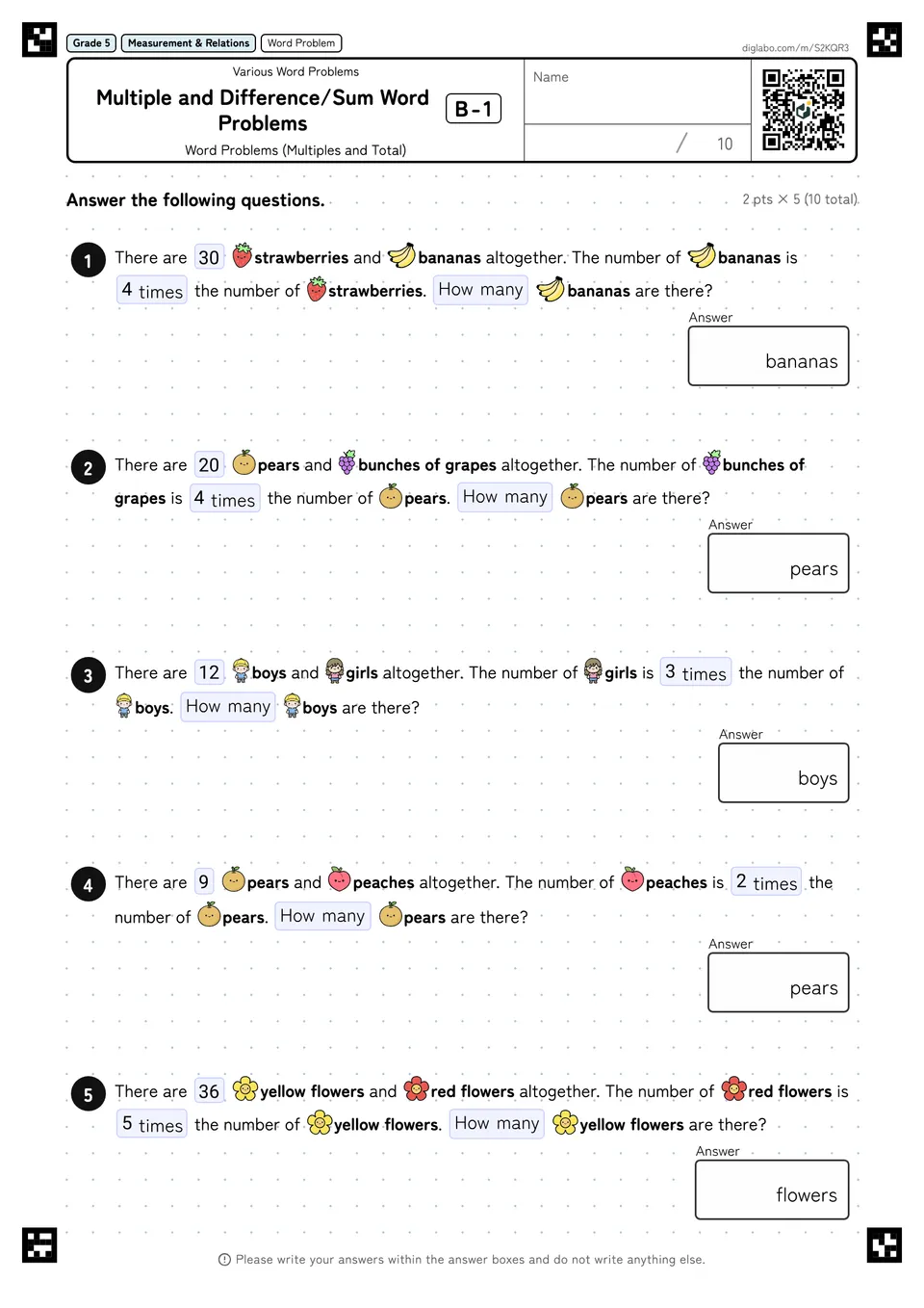 Grade 5 (Elementary School) Various Word Problems Multiple and Difference/Sum Word Problems