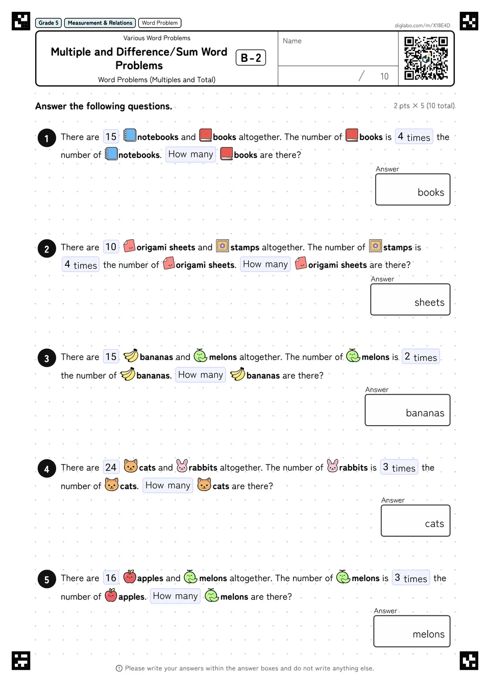 Grade 5 (Elementary School) Various Word Problems Multiple and Difference/Sum Word Problems