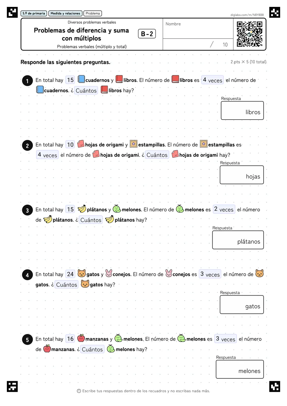 5.º de primaria Diversos problemas verbales Problemas de diferencia y suma con múltiplos