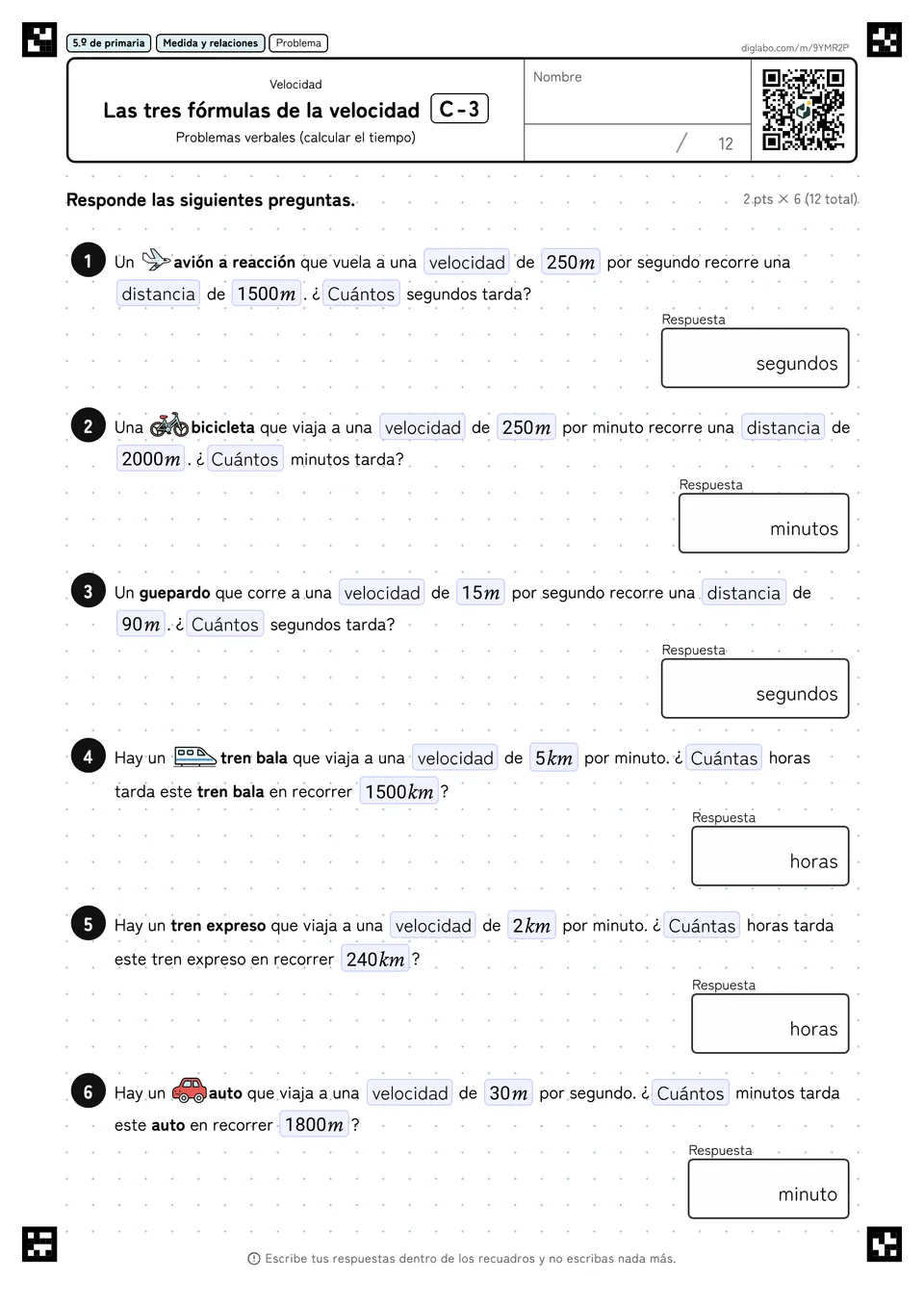 5.º de primaria Velocidad Las tres fórmulas de la velocidad