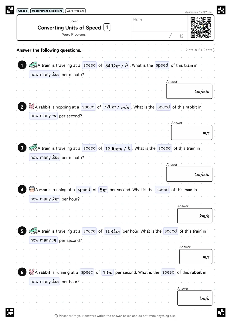 Grade 5 (Elementary School) Speed Converting Units of Speed