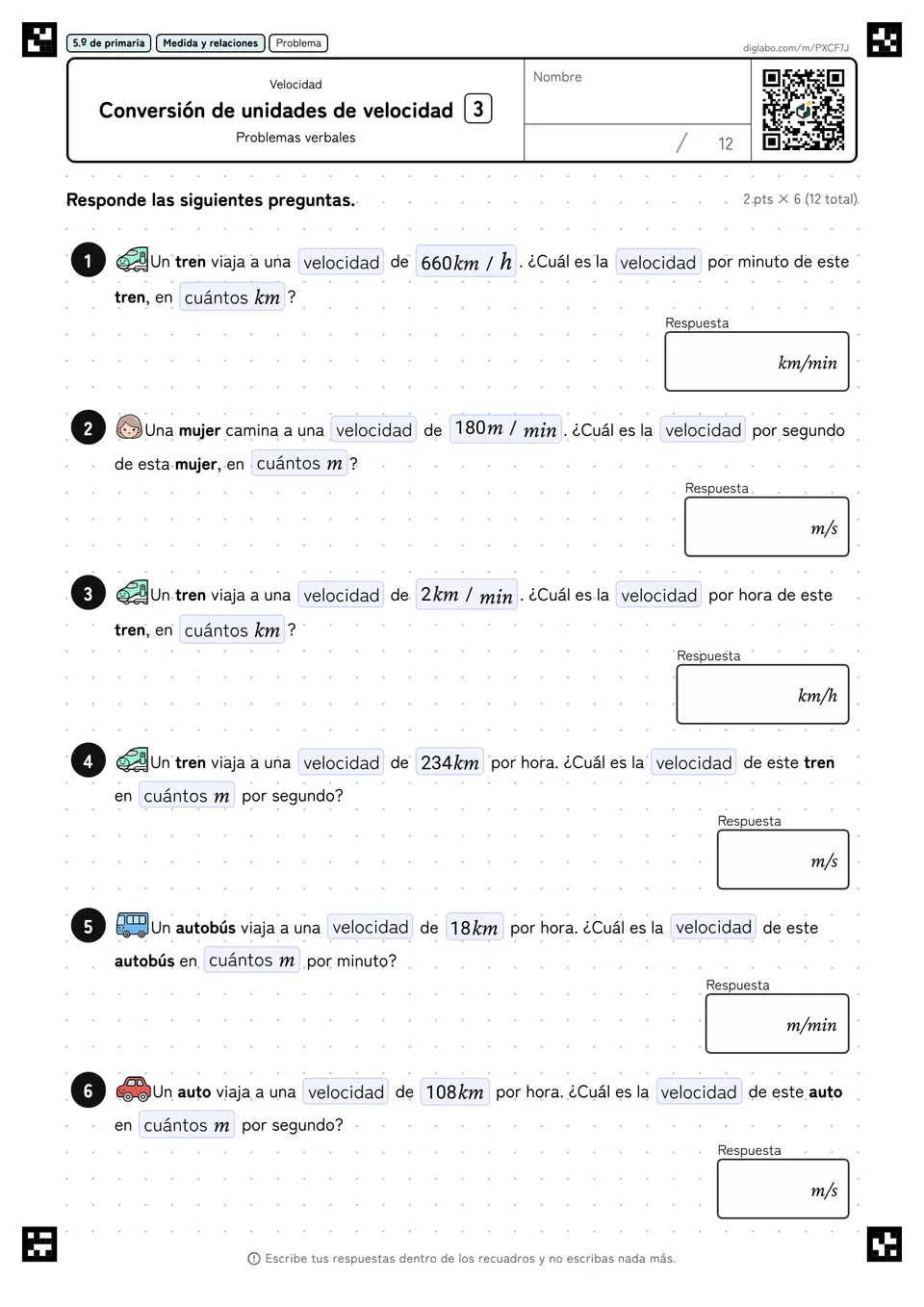 5.º de primaria Velocidad Conversión de unidades de velocidad