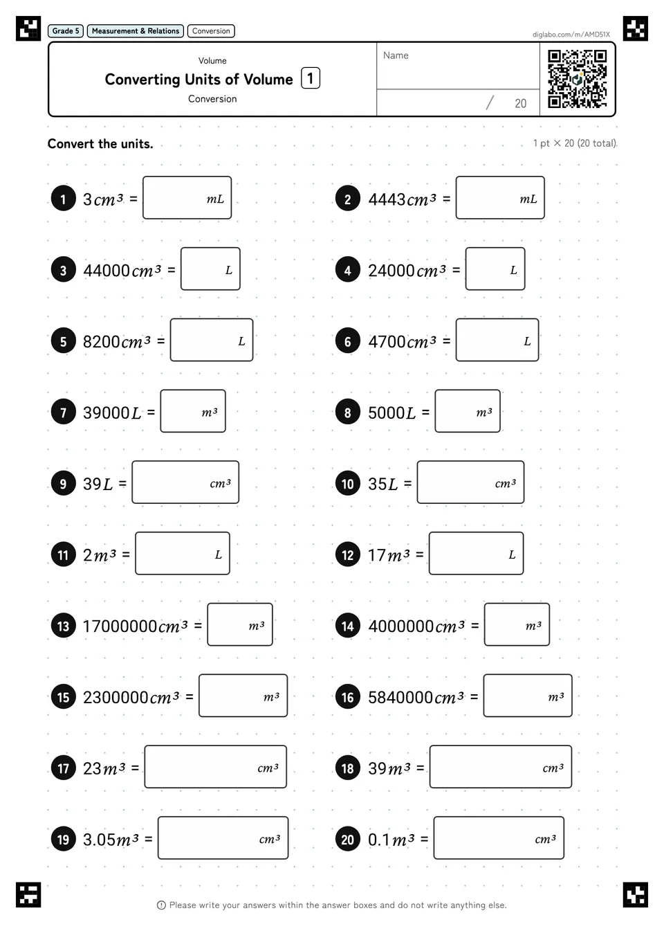 Grade 5 (Elementary School) Volume Converting Units of Volume