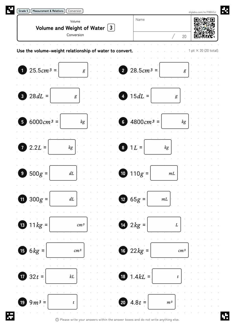 Grade 5 (Elementary School) Volume Volume and Weight of Water