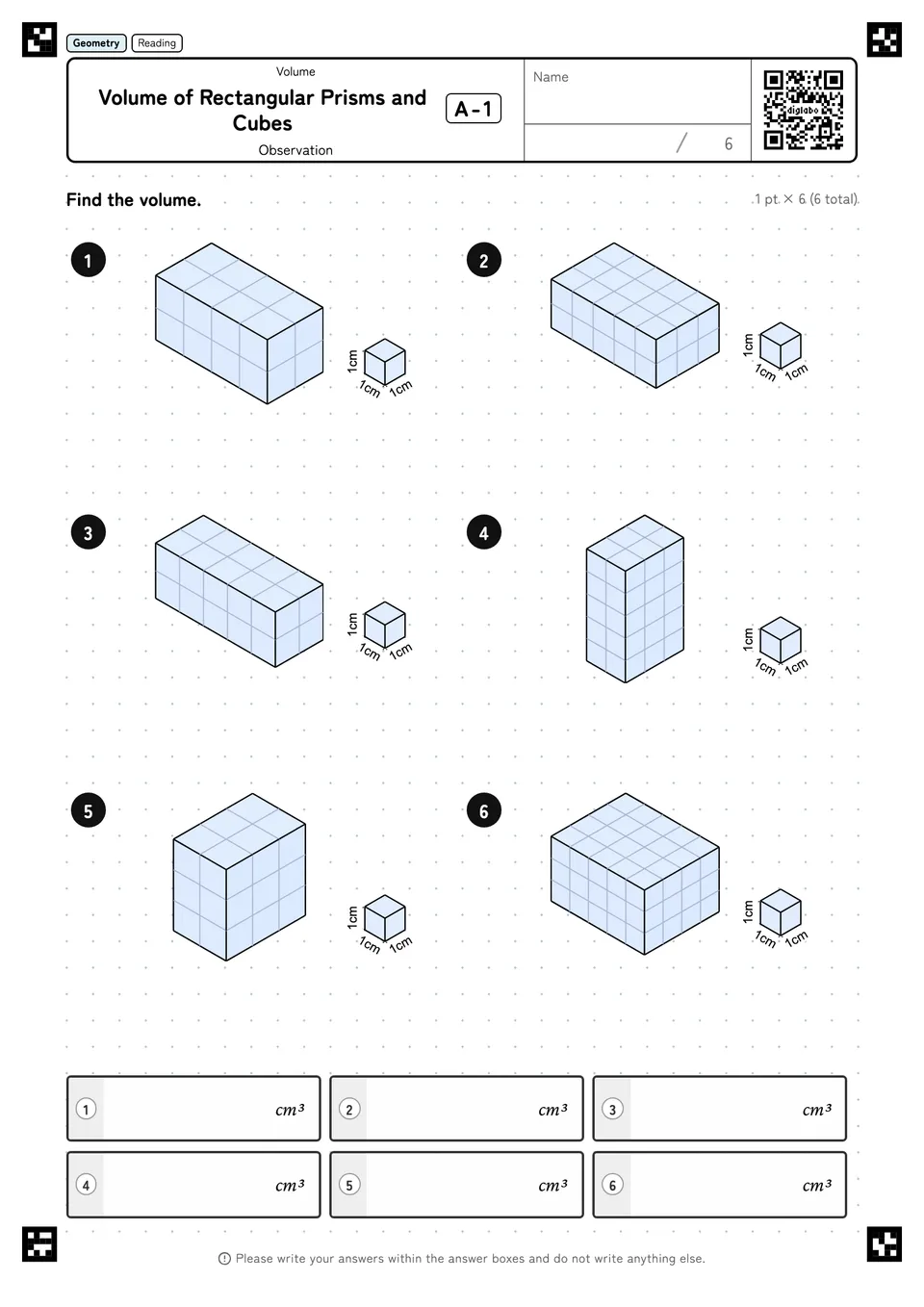 Volume of Rectangular Prisms and Cubes A-1